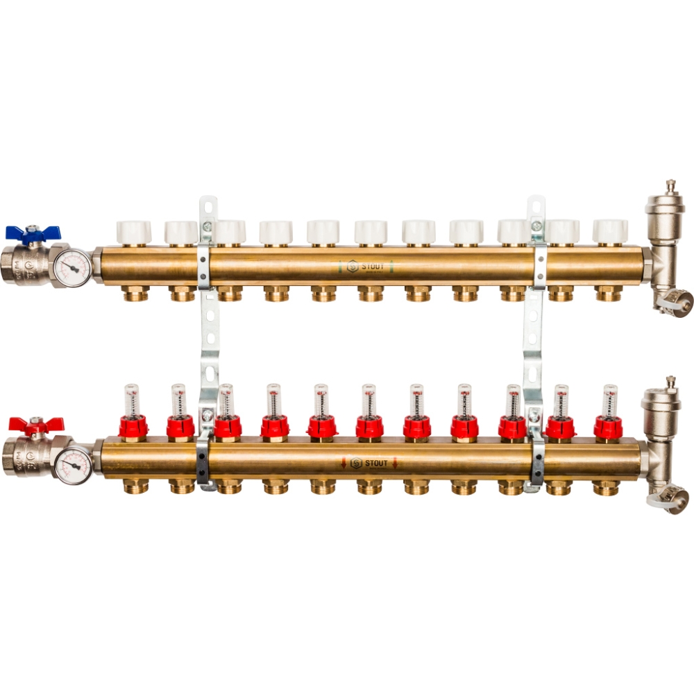 Коллектор Stout распределительный из латуни с расходомерами 1/3/4x11
